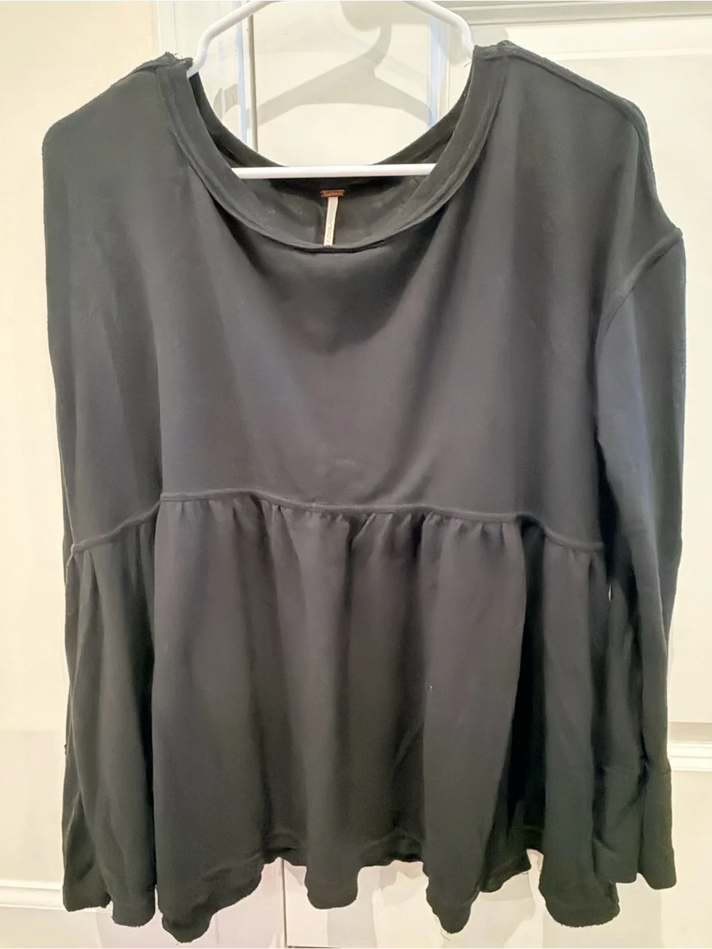 Free People-Black Smocked Peplum Long-Sleeve Top
